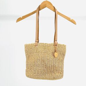 Nine West Tan Natural Woven Jute Minimalist Leather Strap Tote Bag